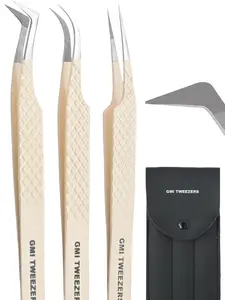 Fiber Tip Lash Tweezers- Pack of 3 Eyelash Extension Tweezers Professional- Lash Tweezers. (Light Nude)