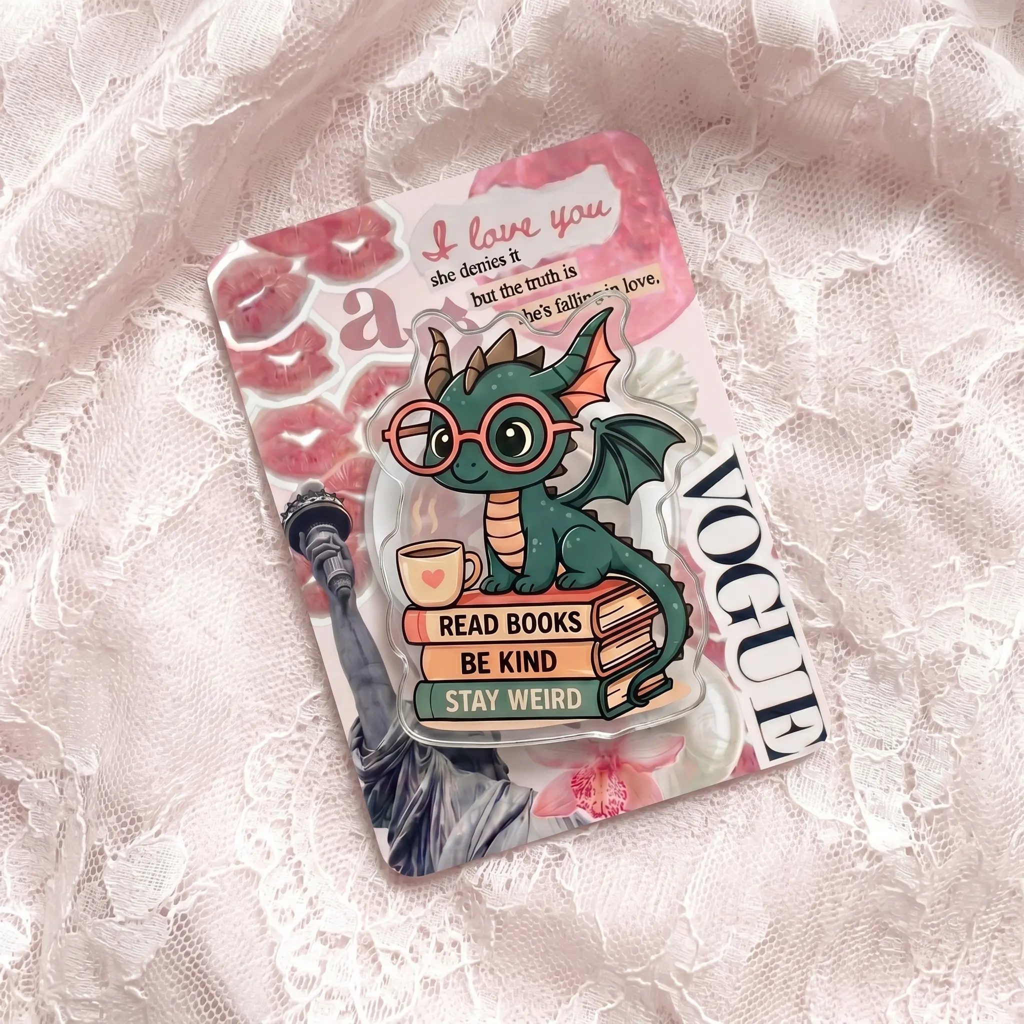 Read Books Be Kind Stay Weird Phone Grip Cute Nerdy Dragon Griptok Aesthetic Bookworm Phone Holder Acrylic Fantasy Reader Cell Phone Stand