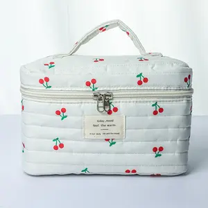 Large Cherry Floral Makeup Bag Large Capacity High-end Lightweight Handheld Toiletry Cosmetic Storage Bag Cotton-padded Travel