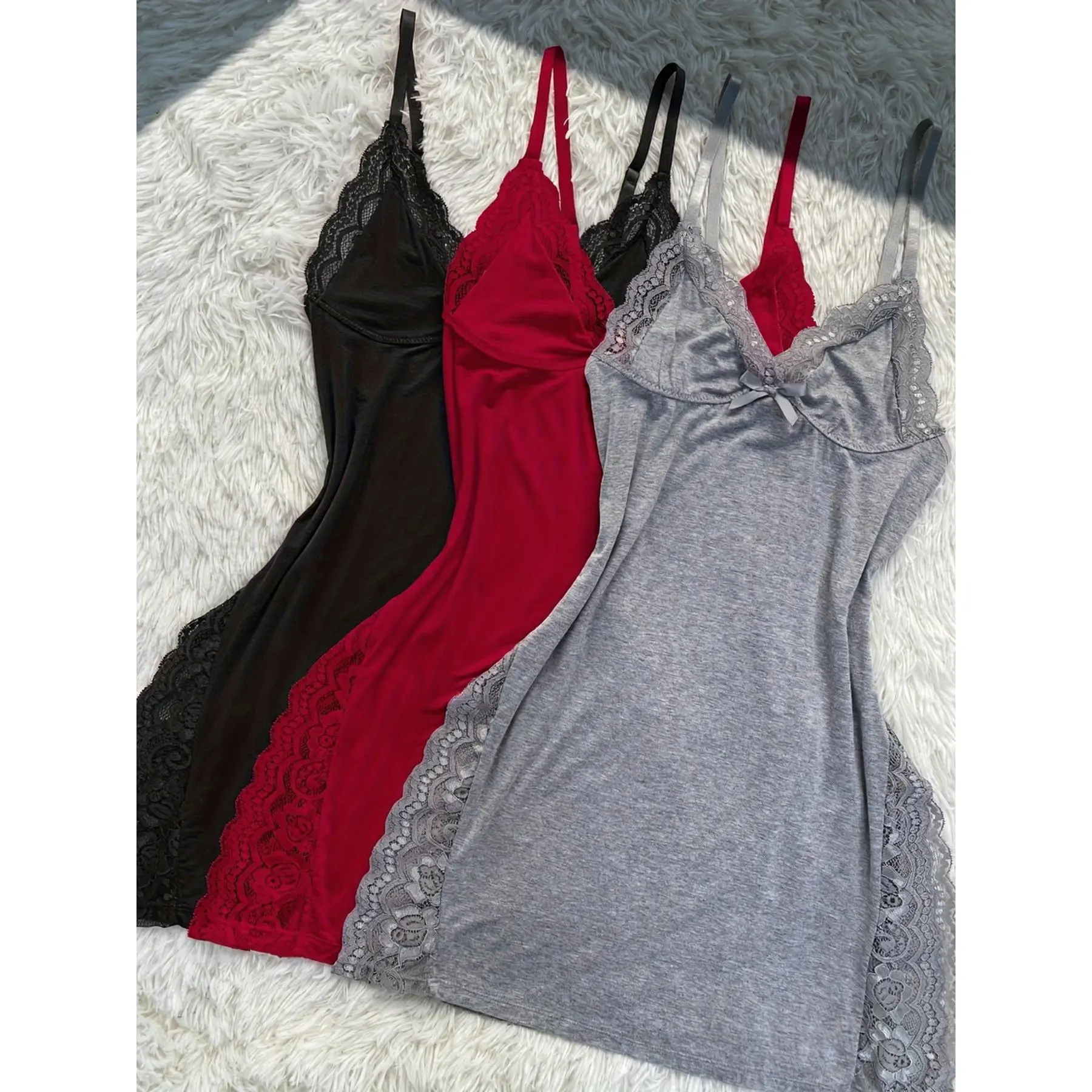 3pcs Of Women'S Solid Lace Nightdress, Lace Panels, Skirt Side Slits, Sexy Lace Home Nightdress