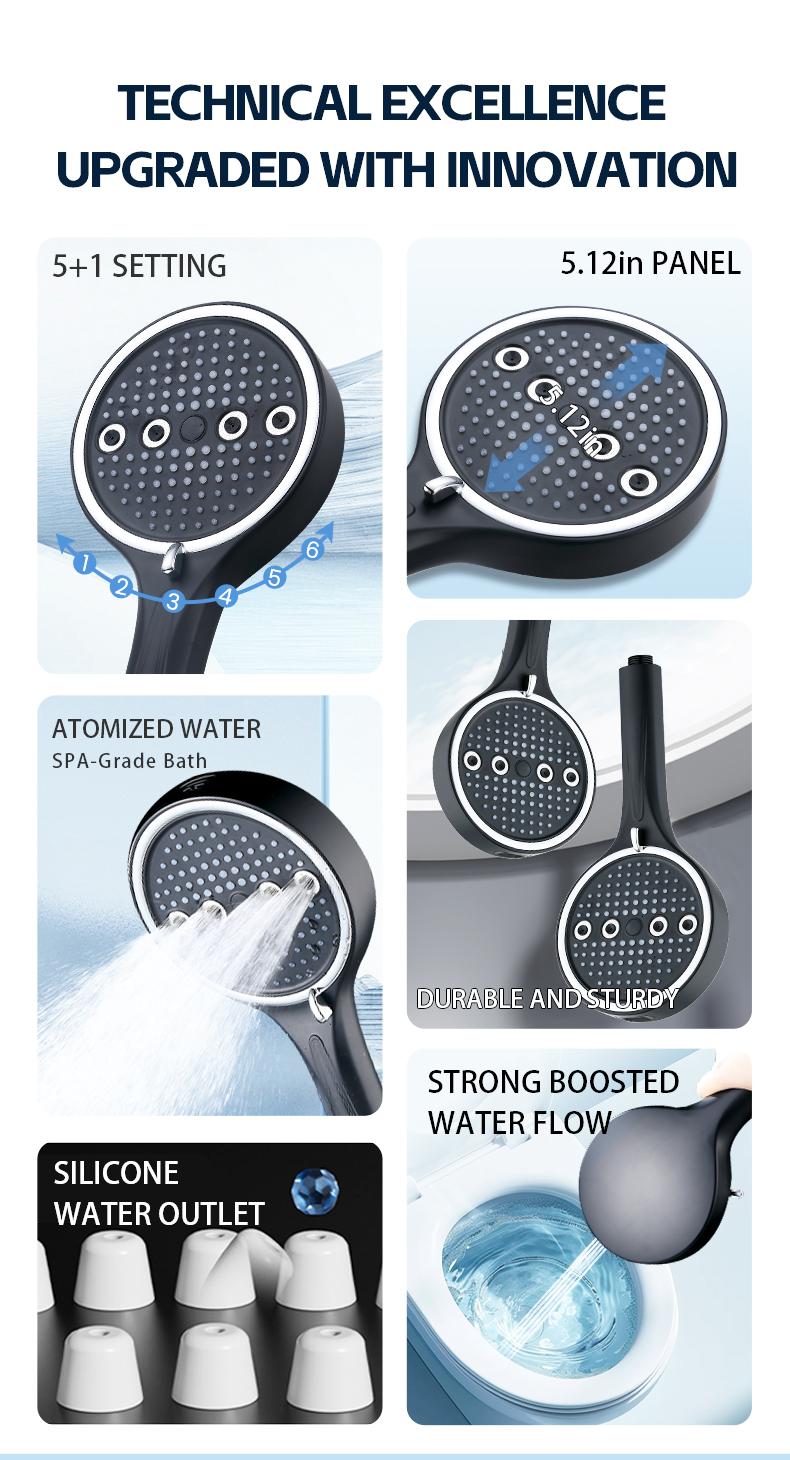 High Pressure Handheld Shower Head Combo, 5.12 Inch Rain Showerhead with 6 Spray Modes, Long Hose & Holder, Wall-Mounted Bath System, Polished/Matte Black, Works Great with Low Water Pressure, Ideal for Modern Bathroom Showers