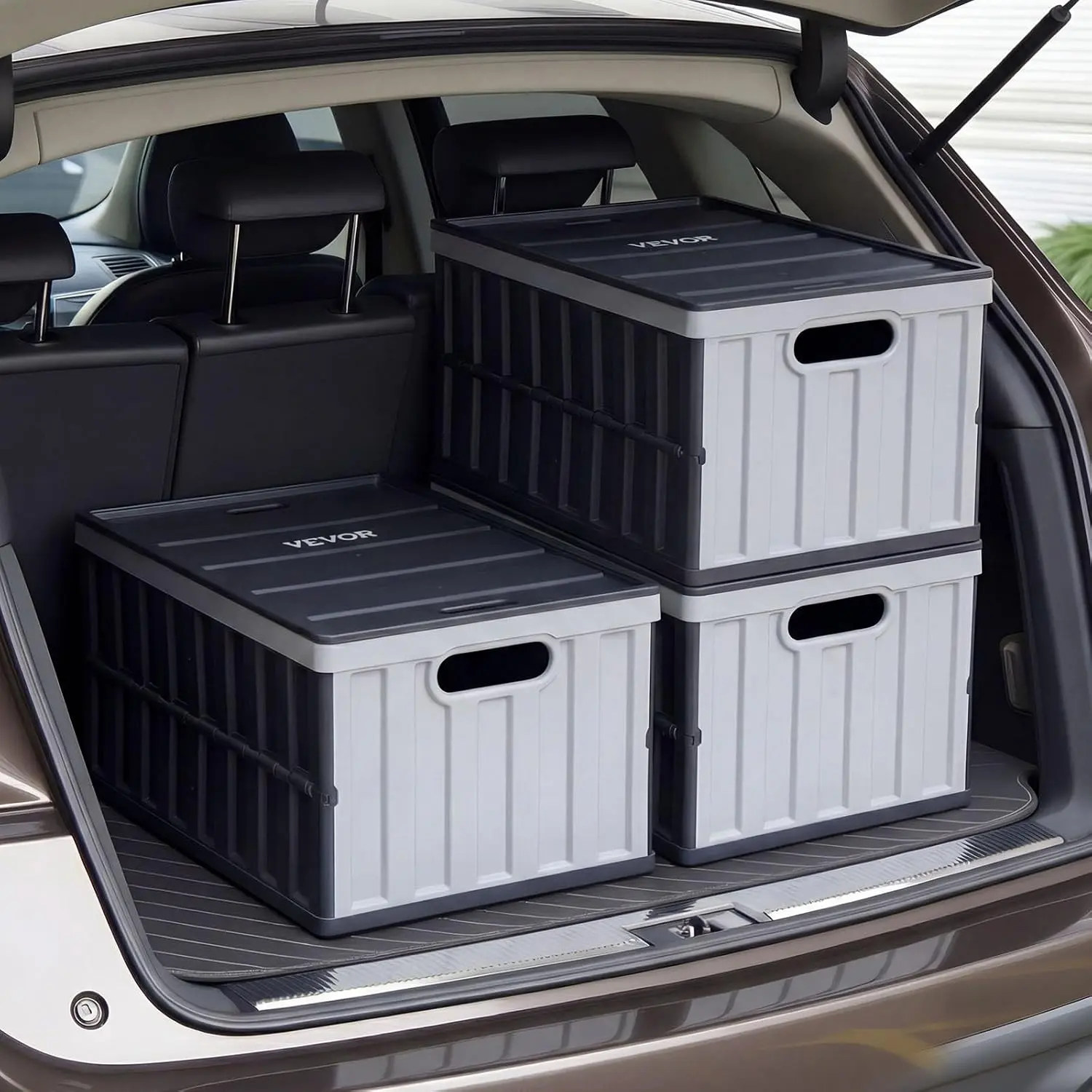 VEVOR Plastic Collapsible Storage Bins with Lids, 65L 3 Packs, Stackable Folding Storage Crates with Handles, Holds 84 lbs Per Bin, Heavy Duty Containers, Space-Saving Baskets, for Home Organizing
