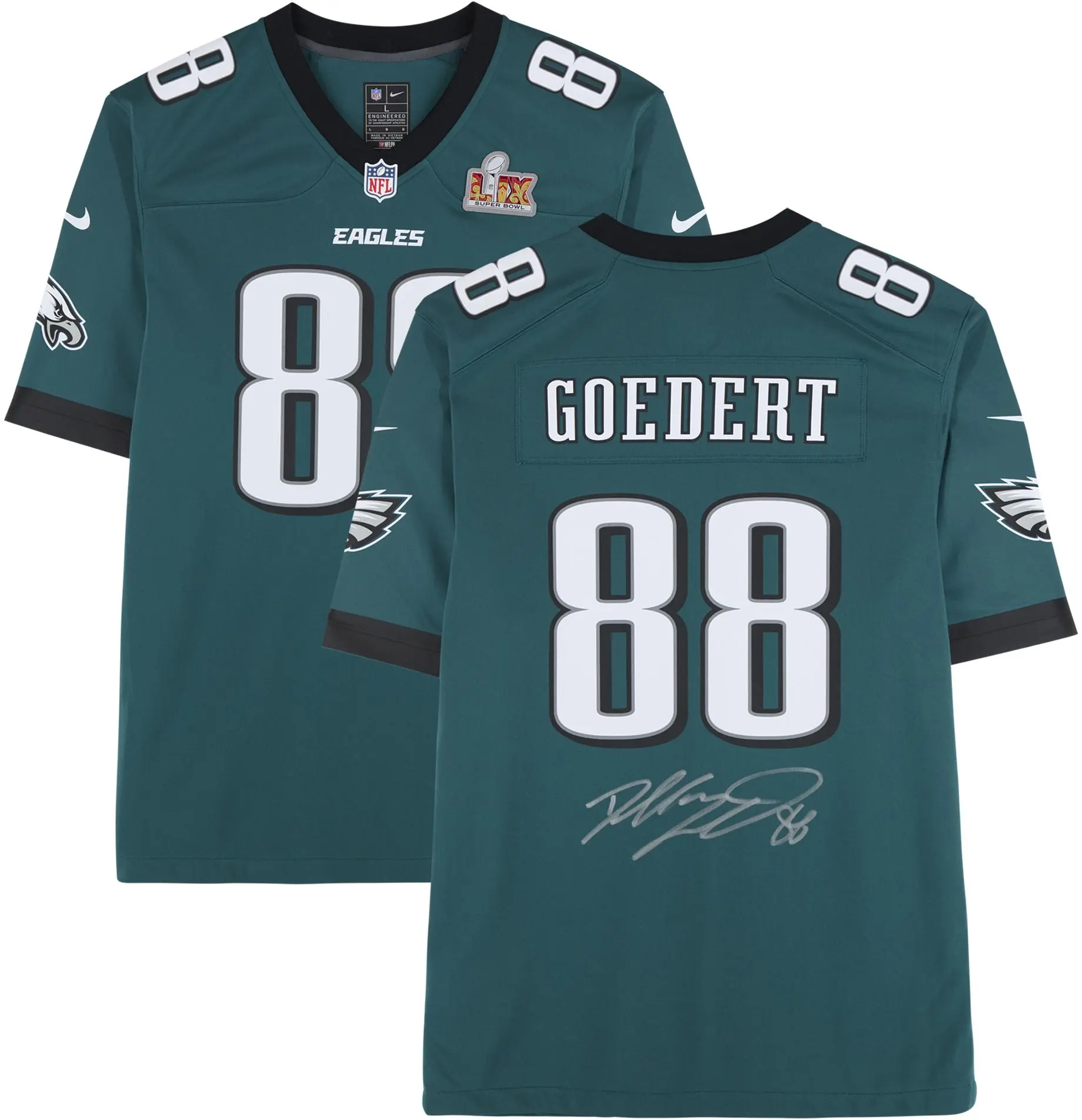 Dallas Goedert Philadelphia Eagles Super Bowl LIX Champions Autographed Nike Super Bowl LIX Green Game Jersey - Fanatics Authentic Certified