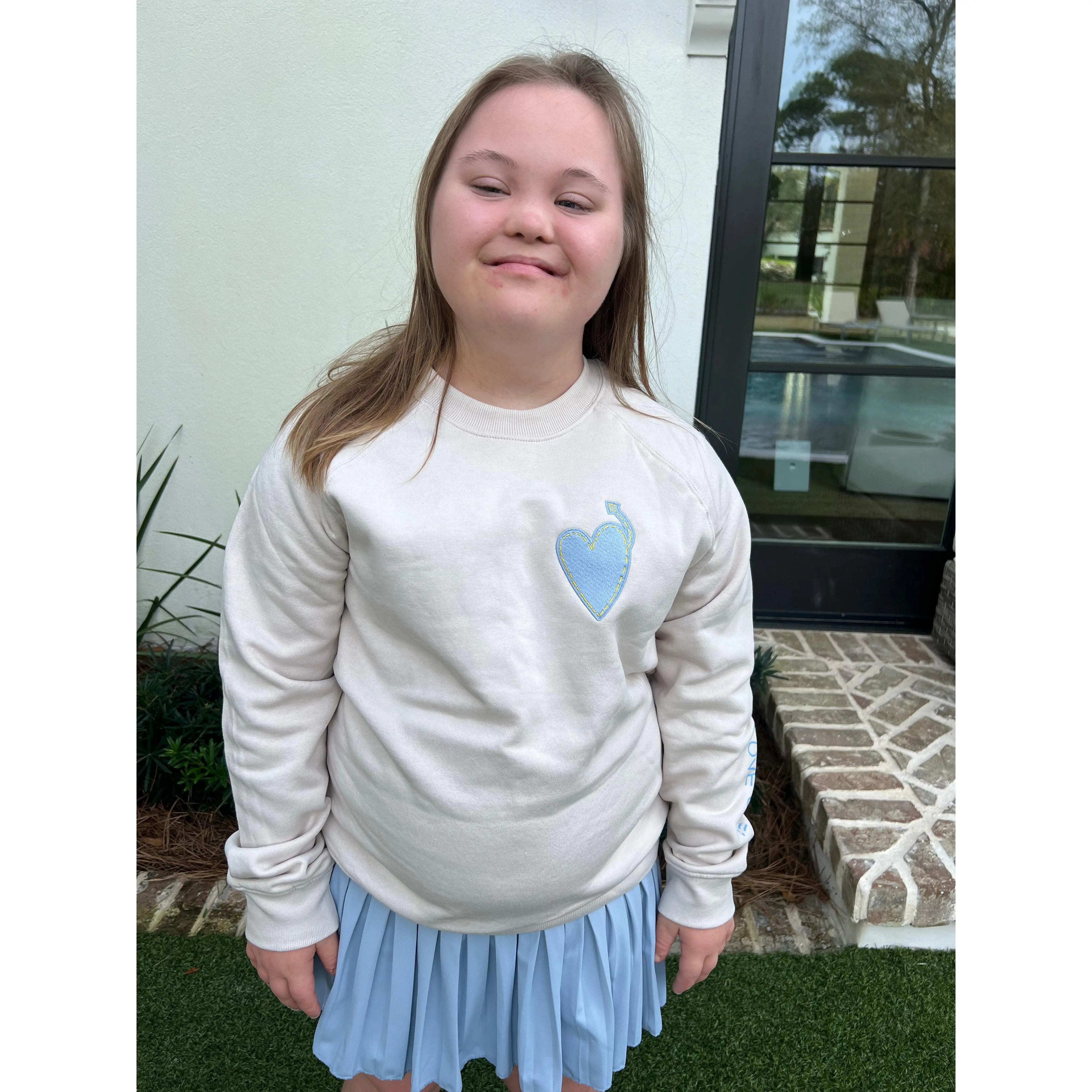 Adult Crewneck Cream with Blue and Yellow Heart