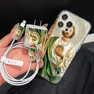 Jesus Pattern Phone Case with Charger Saver & Cable Protector & Storage Rope, Anti-drop Cellphone Protective Case, Total Protective Shockproof Mobile Phone Cover for iPhone, Casing, Phone Accessory Compatible