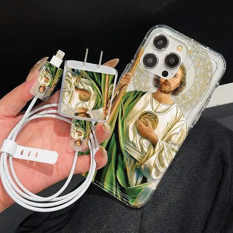 Jesus Pattern Phone Case with Charger Saver, Cable Protector, Storage Rope, Shockproof Protective Covers, Anti-drop Protective Case, Shockproof Mobile Phone Cover for iPhone, Phone Accessory Compatible, Shockproof Smartphone Cover
