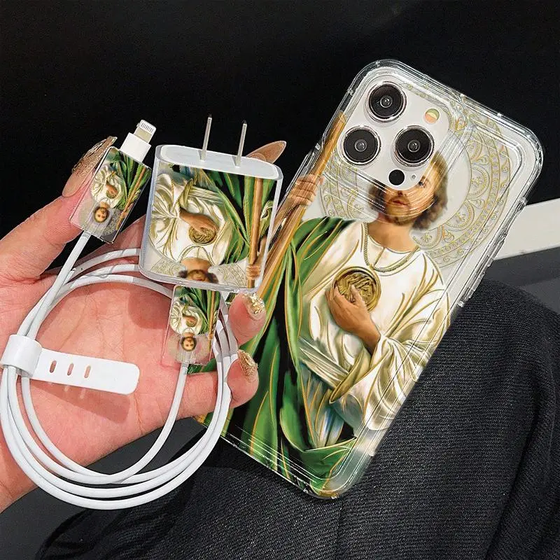Jesus Pattern Phone Case with Charger Saver, Cable Protector, Storage Rope, Shockproof Protective Covers, Anti-drop Protective Case, Shockproof Mobile Phone Cover for iPhone, Phone Accessory Compatible, Shockproof Smartphone Cover