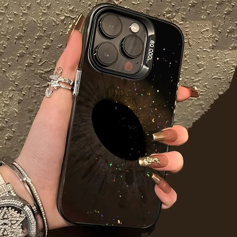 Mysterious atmospheric printed phone case with starry glitter eyeball pupil graphic. Ultra‑thin silver protective case for iPhone 17 Pro Max/16 Pro Max/15 Plus/14/13/12/11. Also suitable for Galaxy S26 Ultra/S25 Plus/S24/S23/S21;