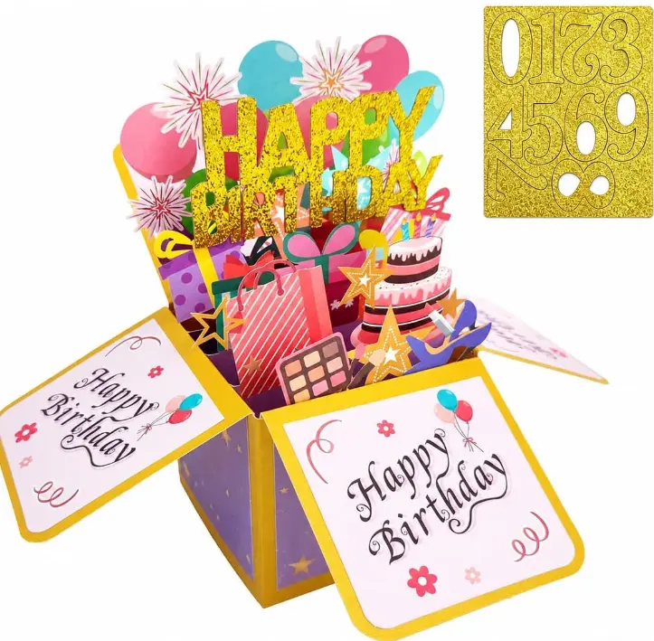 ROBBEAR Happy Birthday Pop Up Card with Birthday Age Design, DIY Card Highlight Birthday Milestone, 3D Birthday Gift Box for Adults and Kids with Envelopes, A Unique Card for Daughter, Son, Mom, Dad, Friend