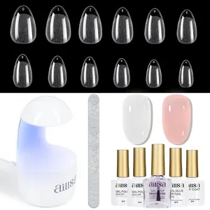 Gel Nail Kit Short Almond Nail Tips 240pcs with 2 In 1 Nail Glue Base Coat and Nail Dehydrator, Soft Gel Full Nail Kit with Nail Lamp Top Coat for... Manicure Nail Art Cutics Set