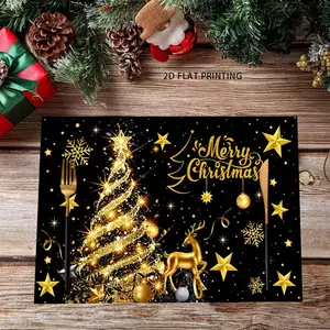 2D flat printing, 2/4/6/8pcs, black and gold Christmas tree and reindeer design placemats, Western dining table decoration, holiday dining arrangement, elegant holiday design, decorative placemats, Christmas decorations, Household Placemat