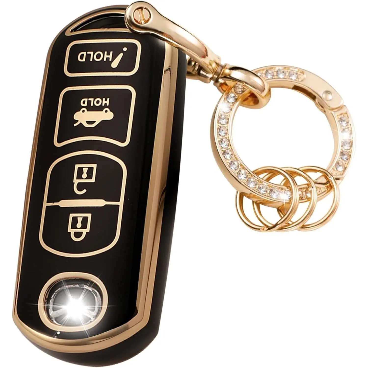 Women's Mazda Soft TPU Car Key Fob Cover - Car Key Protector with Gold Bling Keychain, Compatible with Mazda 3,6,8,Miata MX-5,CX-3,CX-5,CX-7,CX-9 (3-4 Buttons) - Automotive Interior Accessory, Car Interior Accessory, Soft Tpu Shield