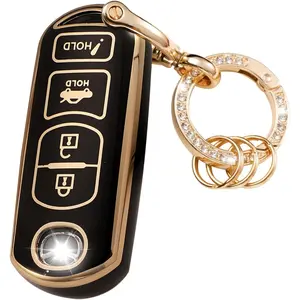 Mazda Soft TPU Key Fob Cover - Car Key Protector with Gold Bling Keychain for Women, Compatible with Mazda 3,6,8,Miata MX-5,CX-3,CX-5,CX-7,CX-9 (3-4 Buttons) – Automotive Interior Accessory