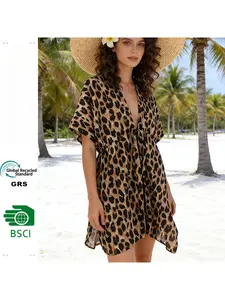 Women Lightweight Oversized Beach Cover Up Shawl for Summer Sun Protection with Trendy Leopard Print Batwing Sleeves and Cross Front Design Perfect for Vacation Travel Poolside or Casual Wear