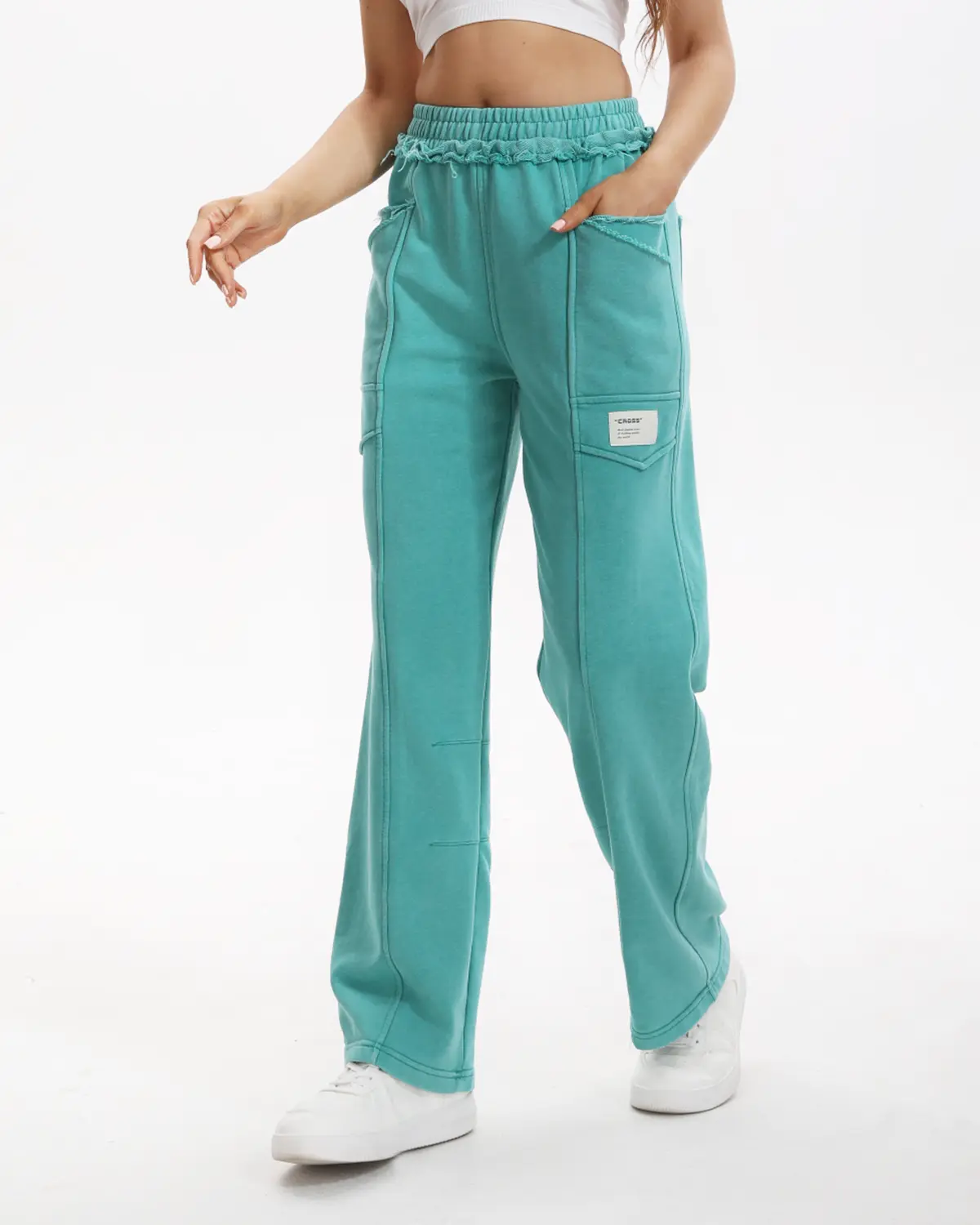 APUYO Women's High-Waisted Pure Cotton Wide-Leg Cargo Jogger Pants - Teal Distressed-Hem, Breathable Soft High Rise, Baggy Sweatpants for Casual Athletic, Lounge Use, Clean Aesthetic Daily Pants