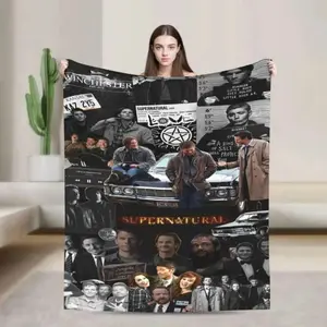 Supernatural Cozy Plush Blanket  Soft Flannel Throw Featuring Angelic Protection and Gothic Night Sky Design, Perfect for Fans and Home Decor