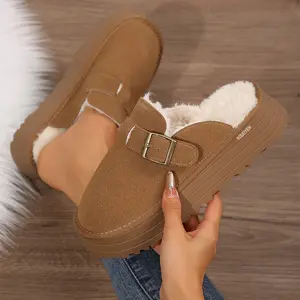 Women's Fleece Slippers Suede Buckle Platform Mini Snow Boots Fuzzy Lined Slip-On Clogs Indoor Outdoor Shoes for Winter