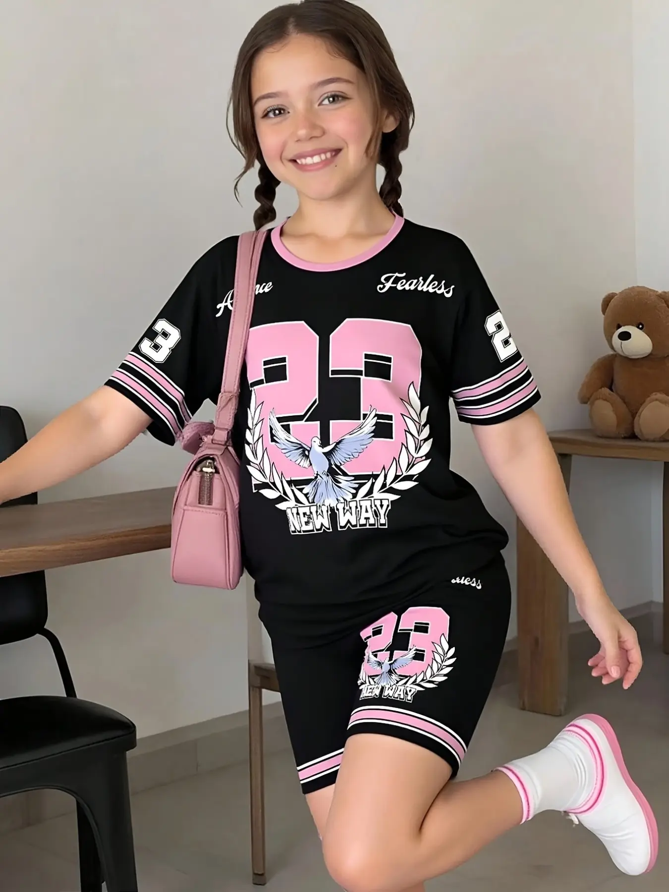 Girls' Summer Sports Set, Short Sleeve Sports Jersey Top and Shorts Two-Piece, Athletic Set, Sporty Shorts Set, Cute All-Over Print, Loose-Fitting, Fashionable Casual Wear
