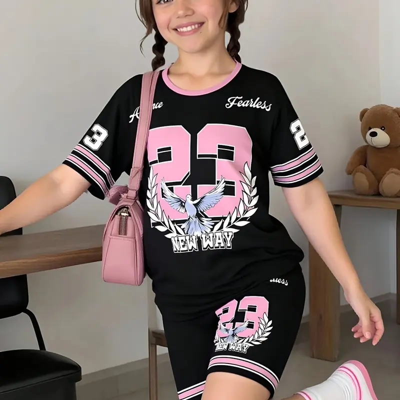 Girls' Summer Sports Set, Short Sleeve Sports Jersey Top and Shorts Two-Piece, Athletic Set, Sporty Shorts Set, Cute All-Over Print, Loose-Fitting, Fashionable Casual Wear
