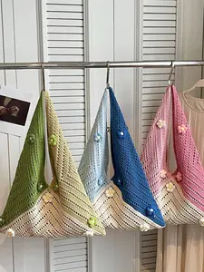 Vacation Style Crochet Patchwork Shoulder Bag, Handmade 3D Flower Crossbody Tote, Casual Knitted Backpack for Women