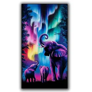 DIY Large Size Aurora Forest Landscape Elephant Mother & Cubs Diamond Art Kit, 5D Gem Animal Paint by Numbers for Beginners