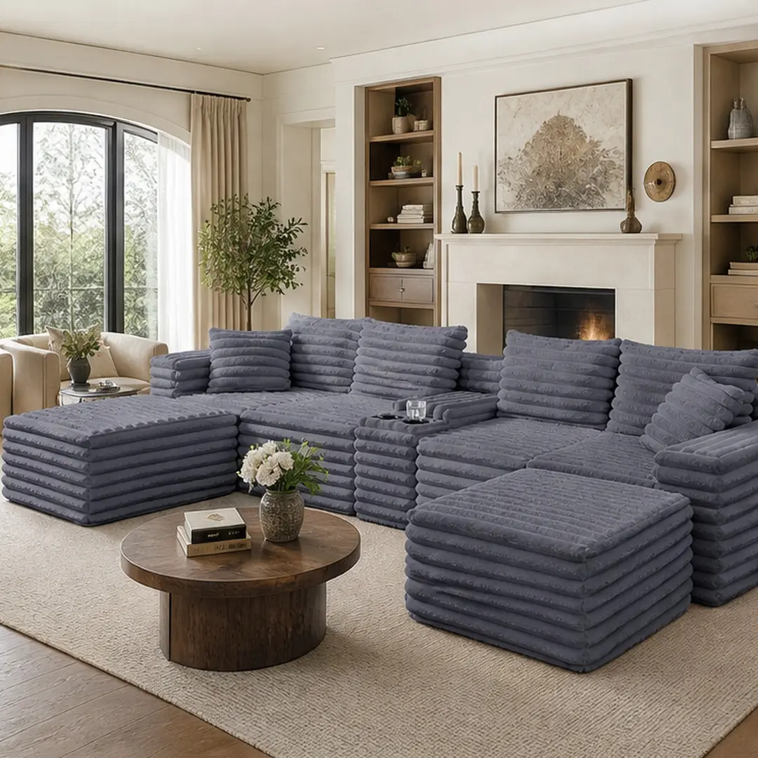 ARCH Modular Boneless Curved U-Shaped Corduroy Sectional Sofa - 6-Seat Comfy Couch, Medium-Soft Foam Cushion, Armless, No Assembly, 2 Ottomans, Cup Holder, USB Ports, Center Console, Hidden Storage Compartment, for Living Room Watch Party Kids’ Area, Grey