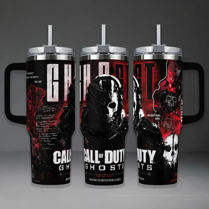 Call Of Duty Ghosts Insulated Tumbler & Travel Mug Set - 40oz Handle Cup, Portable Reusable Bottle with Lid, COD Simon Riley Inspired, Tactical Red-Black Graphic, "Legends Never Die They Go Ghost" Gamer Gift