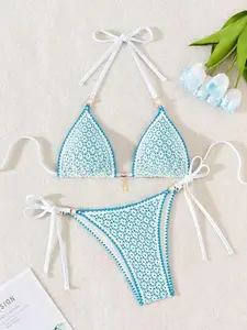 Women's Sexy Beach Summer Outfit, Hollow Fabric Blue Shell & Pearl Decorated Triangle Bikini