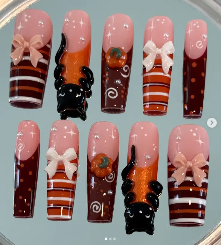 Pink Brown Halloween Press On Nails, Long Coffin 3D Black Cat Pumpkin Bow Nails, Cute Striped Fall Nail Set, Gift for Her