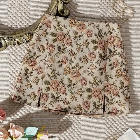 Women's Bohemian Style Floral Jacquard High Waist Split Mini Skirt, Slim-Fitting Thin Fabric, Perfect for All Seasons, Street Fashion Skirt, High Waist Skirts