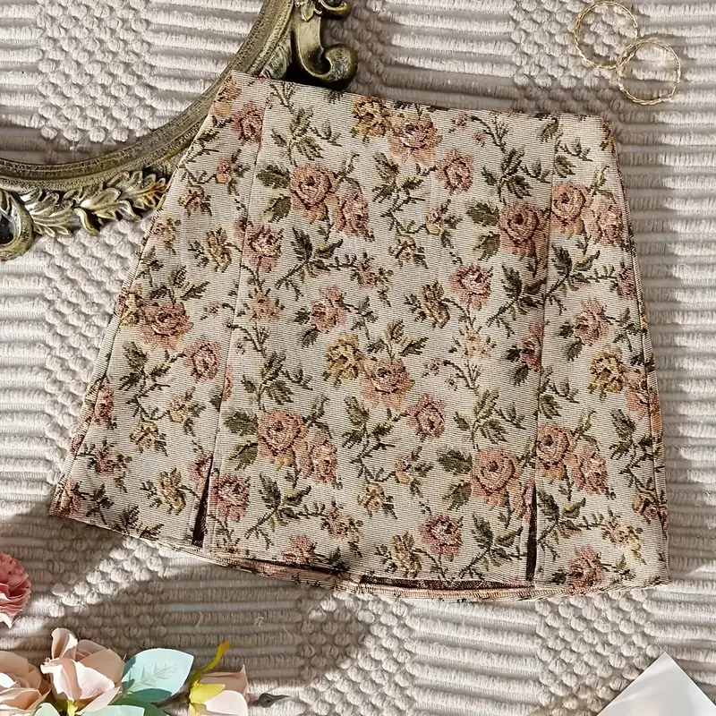 Women's Bohemian Style Floral Jacquard High Waist Split Mini Skirt, Slim-Fitting Thin Fabric, Perfect for All Seasons, Street Fashion Skirt, High Waist Skirts