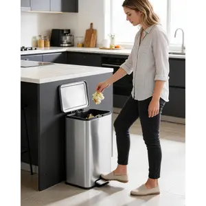 Anti-Fingerprint Rectangular Trash Can, 13 Gallon Horizontal Stainless Steel Kitchen Step Bin, Equipped with Foot Pedal, Quiet Soft-Close Lid and Removable Inner Bucket, Practical Waste Container for Bathroom, Home, Office and Daily Use