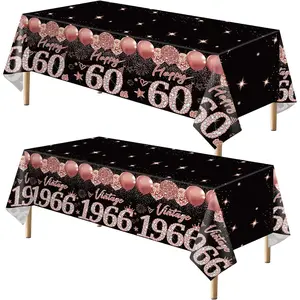 2pcs 60th Birthday Tablecloth, Black Rose Gold 60th Birthday Decorations for Woman Vintage 1966 Plastic Rectangular Table Cover Happy 60 Anniversary Party Supplies