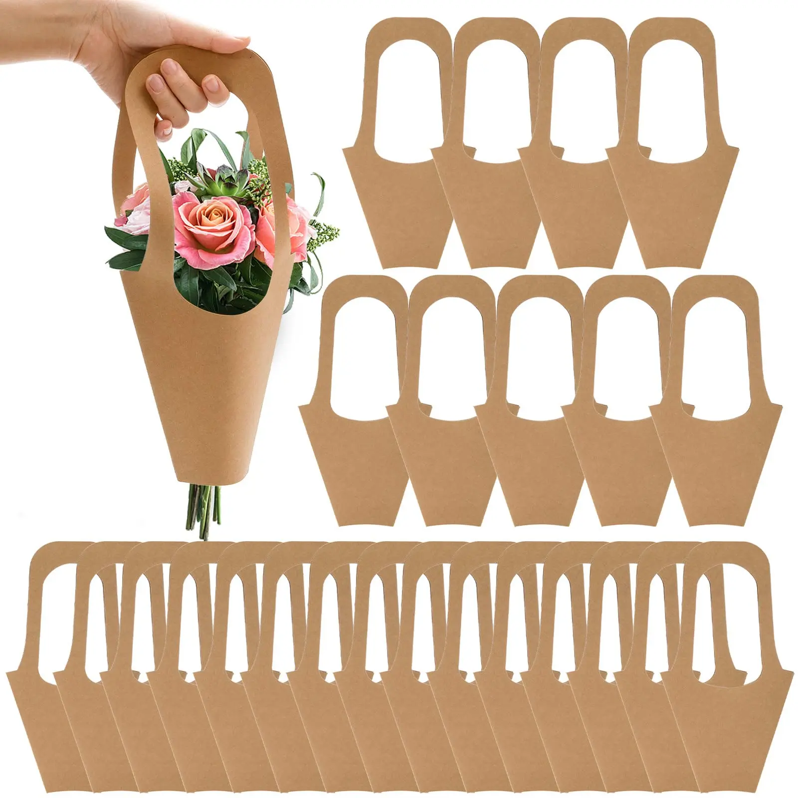25 Pack Flower Bouquet Bags With Handle  Paper Flowers Gift Brown Wrapping For Arrangement Florist Shop Packaging Supplies
