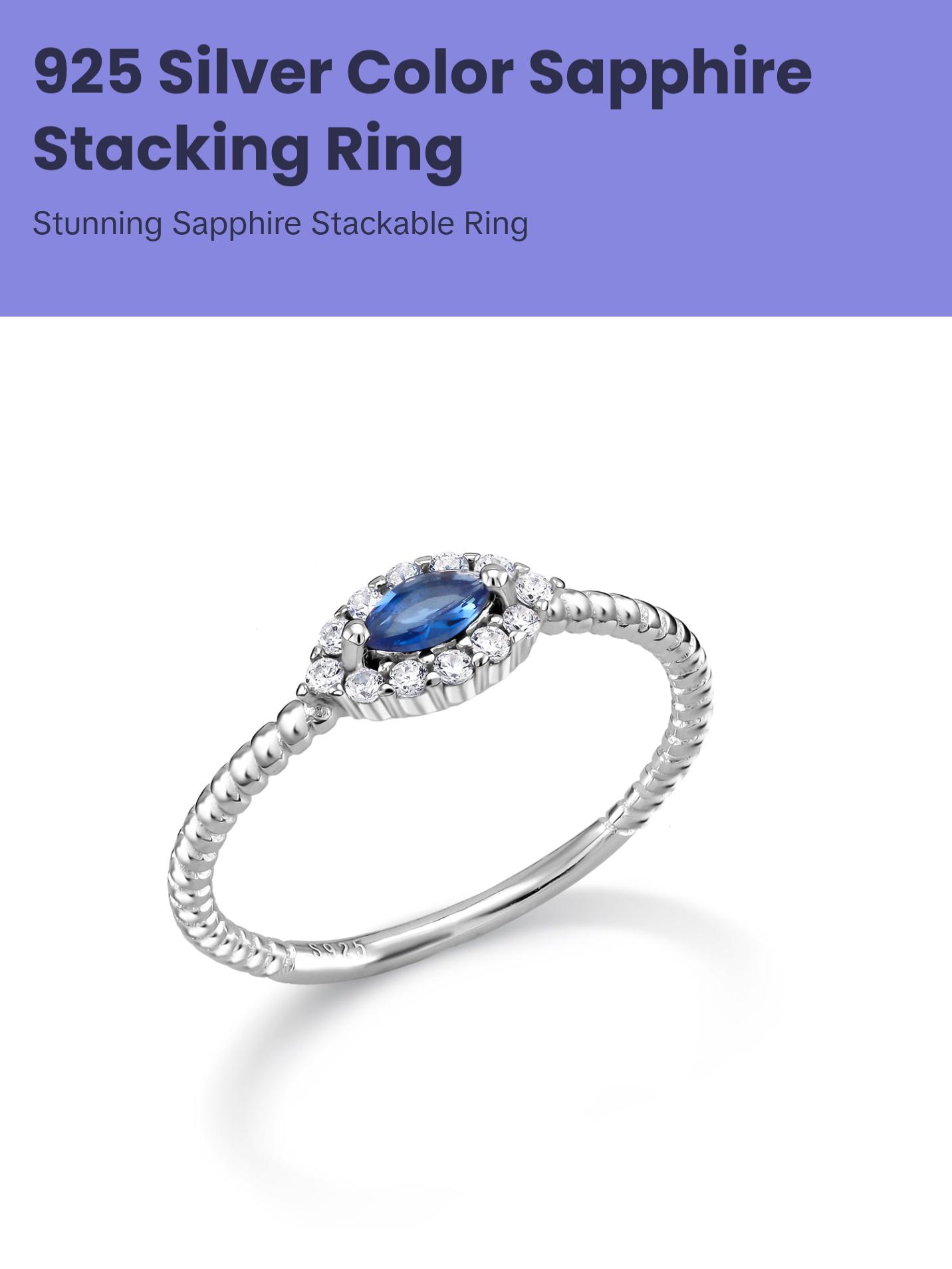 925 Sterling Silver Lab Created Sapphire Stacking Ring, Marquise Blue Sapphire Ring, Sapphire Halo Stacking Rings, Sapphire Jewelry, Stacking Ring
