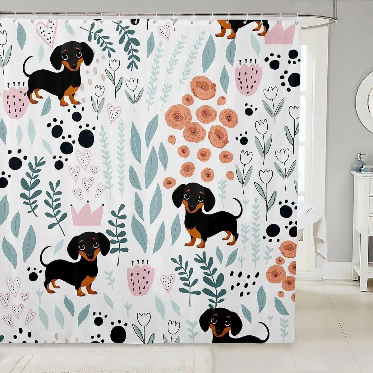 Feelyou Kawaii Dachshund Print Washable Polyester Shower Curtain Set - Waterproof, C-Hooks Included, Funny Aesthetic Decorative Cartoon Kids' Bathtub-Fit Multi-Size Bathroom Decor, Funny Shower Curtain, Aesthetic Shower Curtain