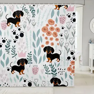 Feelyou Washable Polyester Kawaii Dachshund Print Shower Curtain Set - Waterproof, C-Hooks Included, Cartoon Kids' Bathtub-Fit Multi-Size Bathroom Decor, Shower Curtains Sets