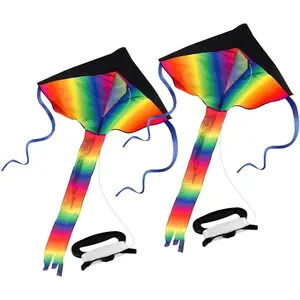 2 Pack Rainbow Delta Kite, Easy to Fly Large Kite with Long Colorful Tail, Great Outdoor Activities Beach Park Outdoor Game, with Line and Handle7
