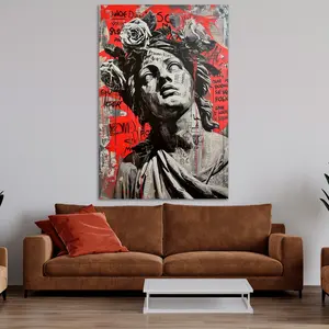Statue with Roses Modern Abstract Print Graffiti Wall Art Blending Classical and Street Art Styles for Wall Decor Large Urban Poster