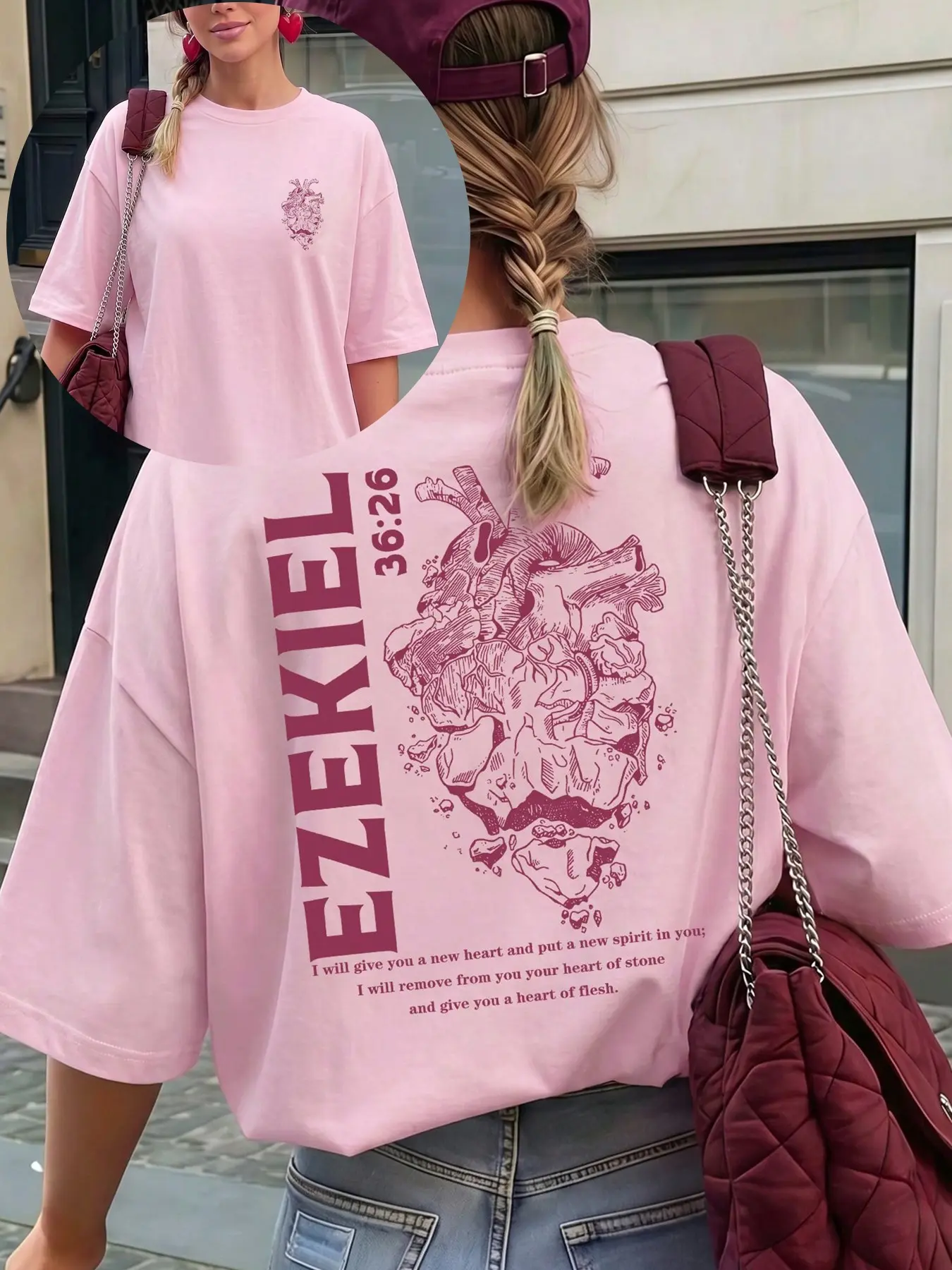 Women's Lavender T-Shirt, Short Sleeve, Heart Stone Letter Print, Loose Fit, Comfortable, Casual, Fashionable, Street Style, Sweet, Simple, Daily Wear