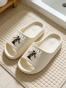 Fashionable Cartoon Print Slippers, Thick Sole Soft Bottom, Unisex Home & Outdoor Use, Asymmetrical Design, Wide Width, Eva Material