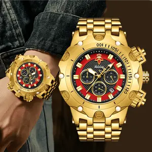Men's Multifunctional Luxury Watch Gold Strap with Atmospheric Dial Fashionable and Practical Chronograph Design