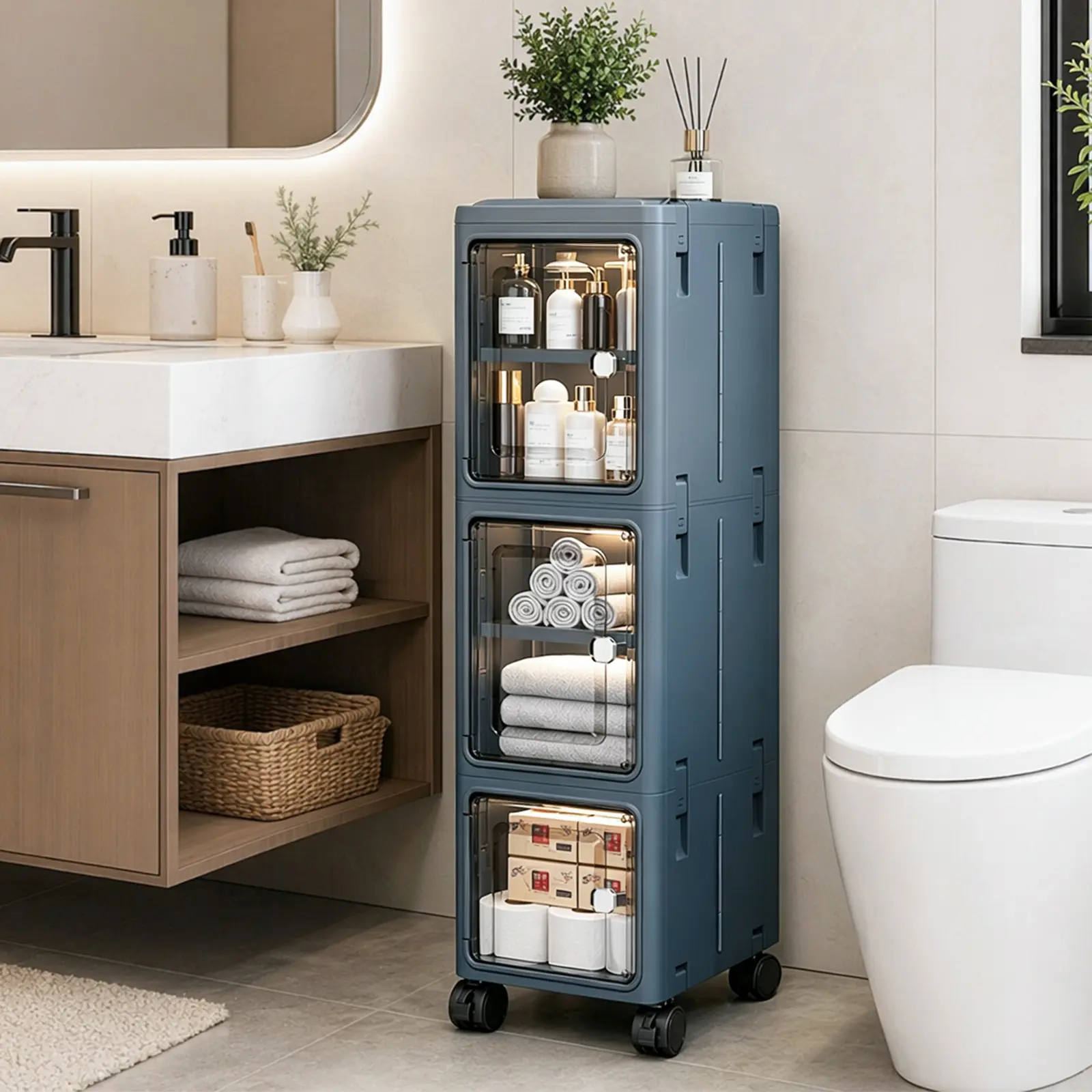 Narrow Slim Foldable Storage Cabinet - Eco-Friendly, Durable, Adjustable, No-Installation, Magnetic Closure Door, Universal Wheels, Multilayer, Dustproof, Waterproof Home Organizer for Coffee Bar, Toilet, Coffee Bar Cabinet, Toilet Storage Cabinet
