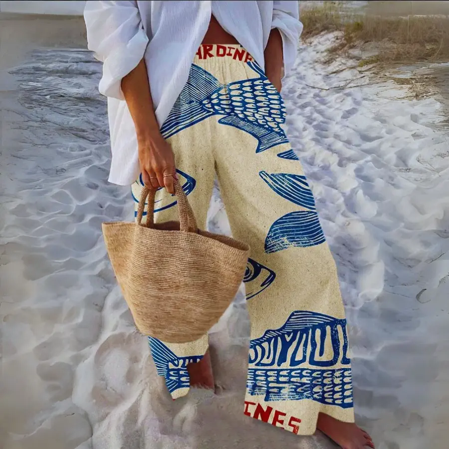 European & American Creative Fish Print Wide-Leg Pants – Loose Fit Casual Trousers with Marine Elements