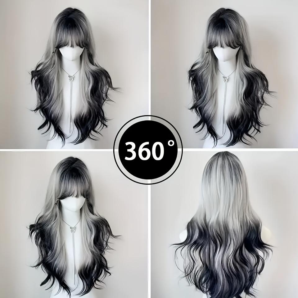 Full Head Wig for Women with Long Curly Hair, Designed to Mimic The Everyday Look of People. Features a Thin Style with Bangs And a Striking Black And White Gradient Dye