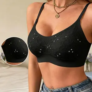 Women's Gorgeous Wireless Bra - W-Shaped Jelly Strip, Full Coverage, Seamless Plain Black Lace with Rhinestone Accents, Stretchy Smooth Soft Fabric, Plunge Design, All-Day Breathable, Hand Wash Only