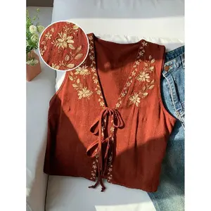 Women's Summer Boho Floral Embroidery Front Tie Sleeveless Blouse,Western Wear Women,Vacation Outfits Woman