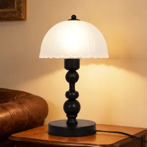 7.9 Inch Vintage Black Ball Stem Table Lamp, Frosted Glass Scalloped Shade, E26 Base with 3-Color LED Bulb Included, Traditional Accent Lamp for Bedroom Nightstand Living Room Study