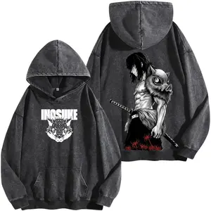 Inosuke Demon Slayer Washed Hoodie, Anime Graphic Tee, Oversized Manga Streetwear Shirt, Vintage Otaku Fan Apparel