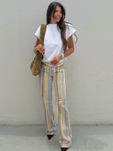 Women's Pants Rainbow Striped Low-Rise Wide Leg Jeans Pastel Multicolor Stripes Relaxed Wide-Leg Pants Button Summer Streetwear Clothing Festival Outfits, Casual Daily Summer Pants Denim Flare Pants